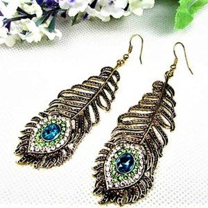 Large DangleGolden Turquoise Glass Peacock Feather Earrings